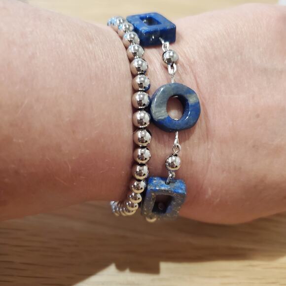 Set of 2 Handmade Stacked Bracelets in Satinless Steel and Lapis 8.5 inches - Picture 1 of 5